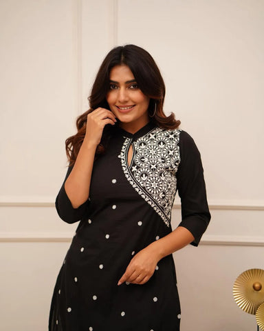 Kurta Black Embroidered Cotton Straight Kurta Set