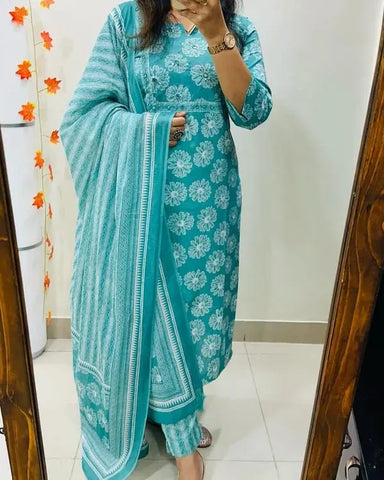 Kurta Aqua Blue Floral Cotton Suit Set With Printed Dupatta