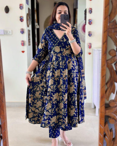 Anarkali Kurta Set With Angrakha Style For Women( Blue )