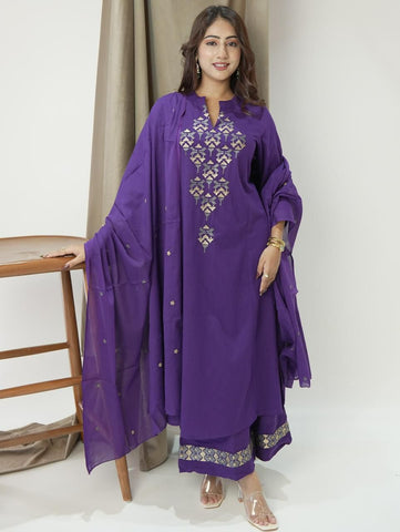 Kurta ALINE kurta set with Cotton Plazzo & Malmal Dupatta with  embroidery work